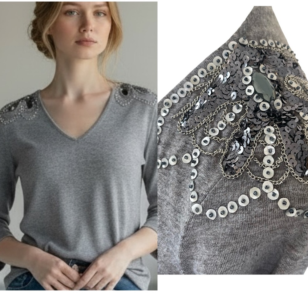 ❤️ Twenty One Beaded Shoulder Epaulettes Embellished Gray Sweater